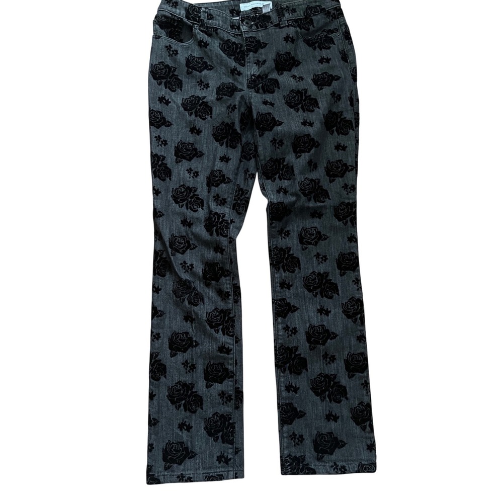 Chico’s Platinum Flocked Velvet Floral‎ Jeans Black Grey Straight Sz 1